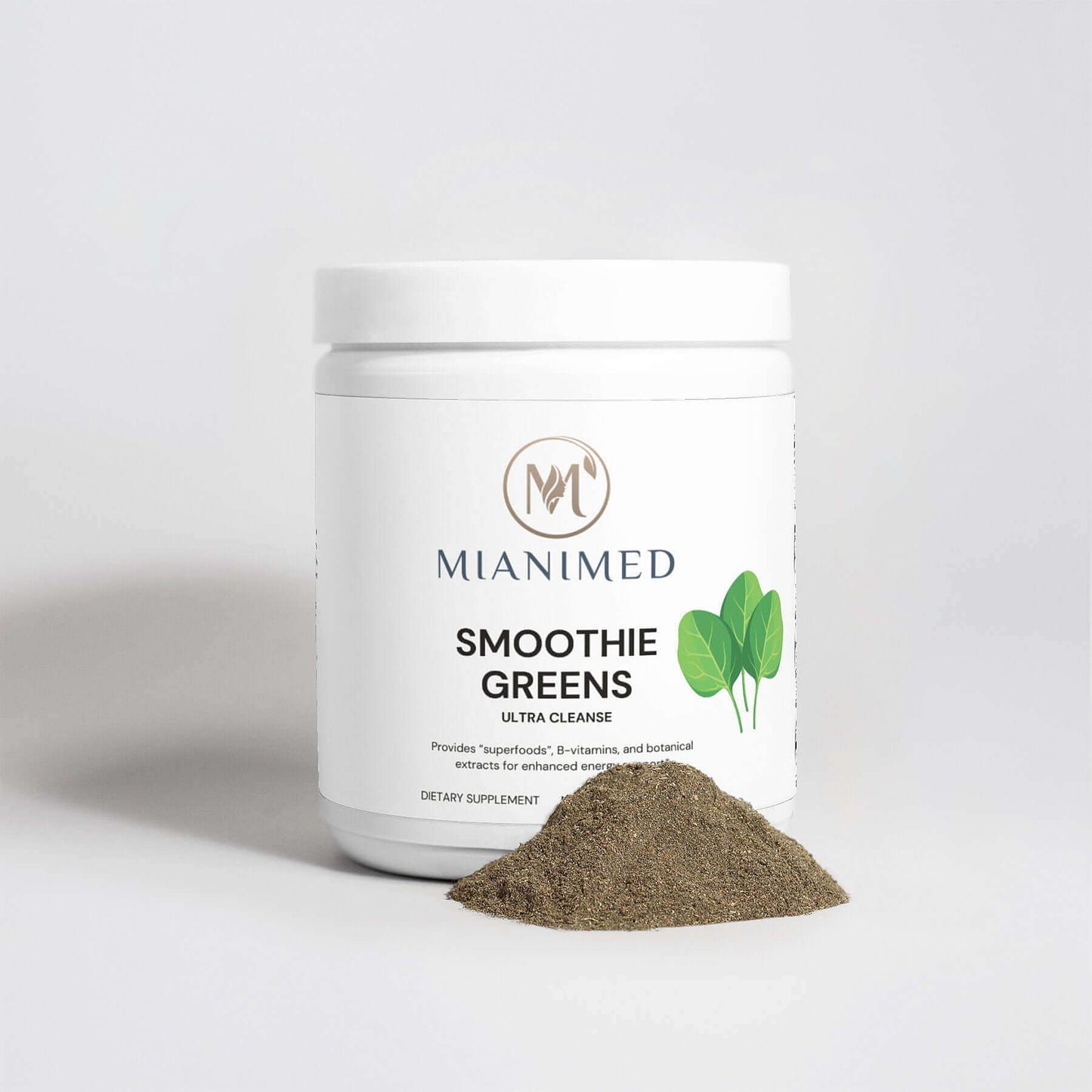 MIANIMED Premium Skincare Smoothie Greens Ultra Cleanse dietary supplement in a white container with loose powder on the surface