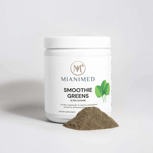 MIANIMED Premium Skincare Smoothie Greens Ultra Cleanse dietary supplement in a white container with loose powder on the surface