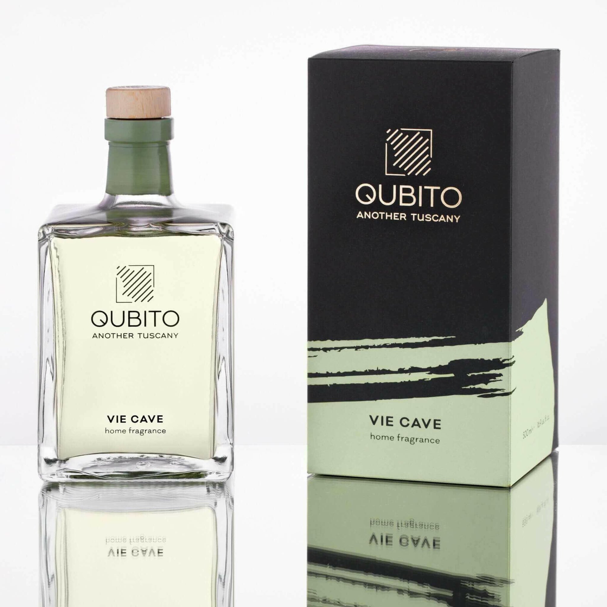 Qubito Vie Cave home fragrance bottle and packaging reflecting premium Tuscan-inspired scent.