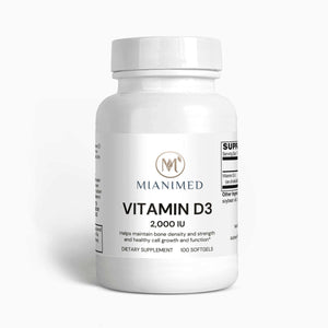 MIANIMED Vitamin D3 supplement bottle, 2000 IU, promotes bone density and healthy cell growth, premium skincare product.