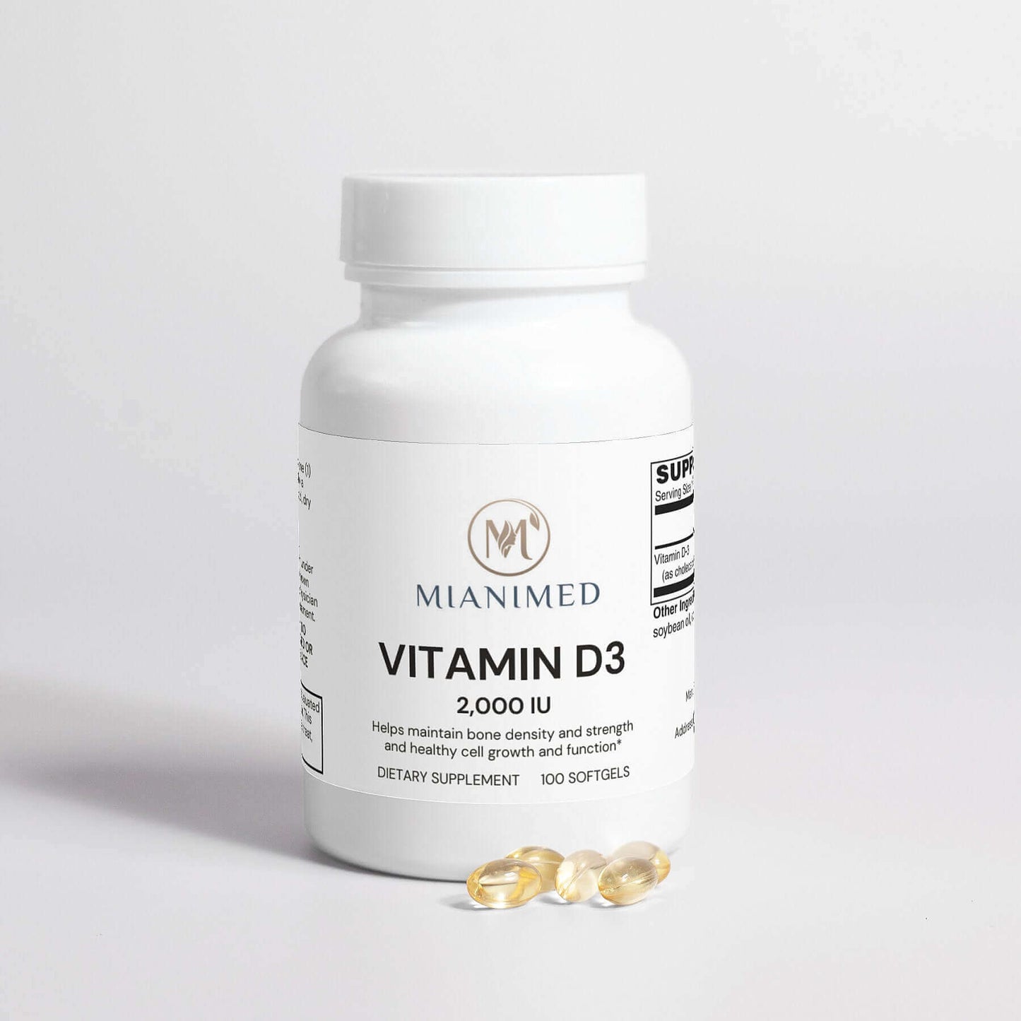 MIANIMED Premium Vitamin D3 Supplement Bottle with Softgels for Skincare and Bone Health