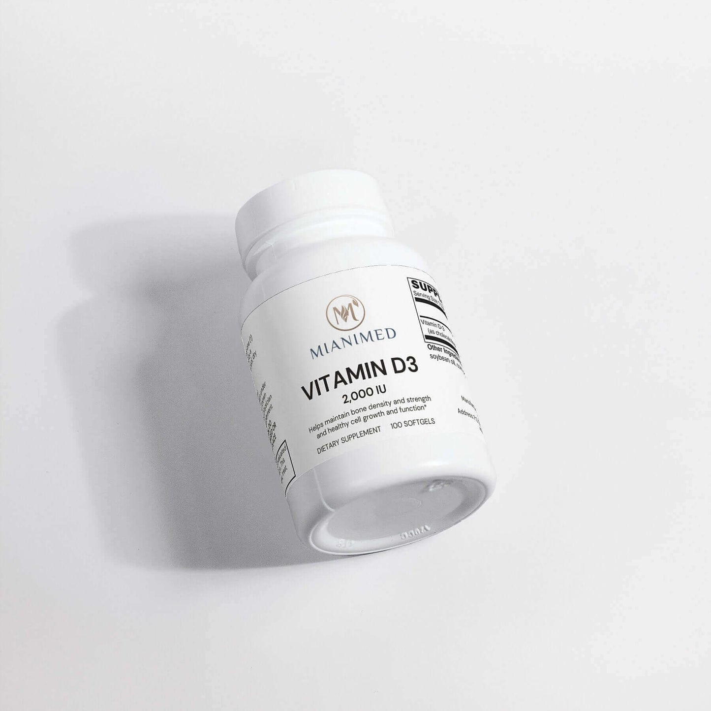 MIANIMED Premium skincare Vitamin D3 2000 IU supplement bottle on white background