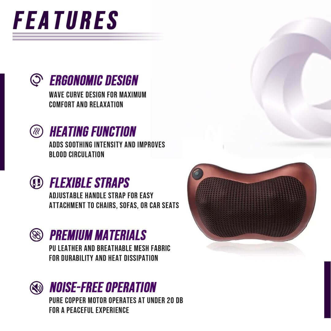 Massager pillow features ergonomic design, heating function, flexible straps, premium materials, and noise-free operation.