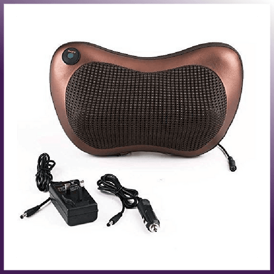 Premium MIANIMED skincare massage pillow with power adapter and car charger accessories.