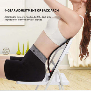 Woman demonstrating 4-gear back arch adjustment on chair for waist exercise in modern room setup.