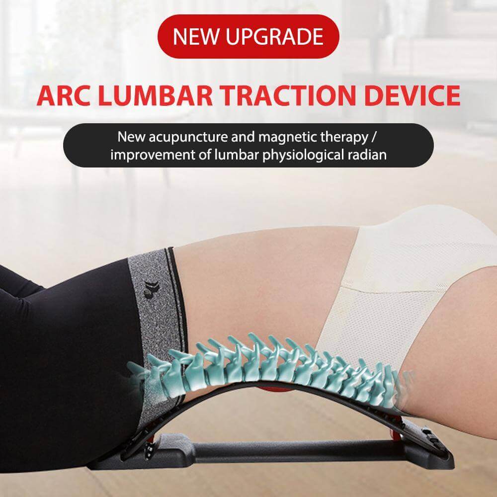 New upgraded arc lumbar traction device with acupuncture and magnetic therapy for improved lumbar physiological curve.