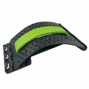 Adjustable back stretcher device with green support, featuring acupressure points for pain relief and improved posture.