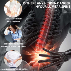 Illustration highlighting hidden dangers in the lumbar spine with symptoms like lumbar discomfort, fatigue, and issues from long-term desk work.