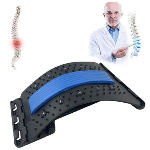 Spinal alignment device with blue padding against back pain, illustrated by a doctor and spine images in the background.