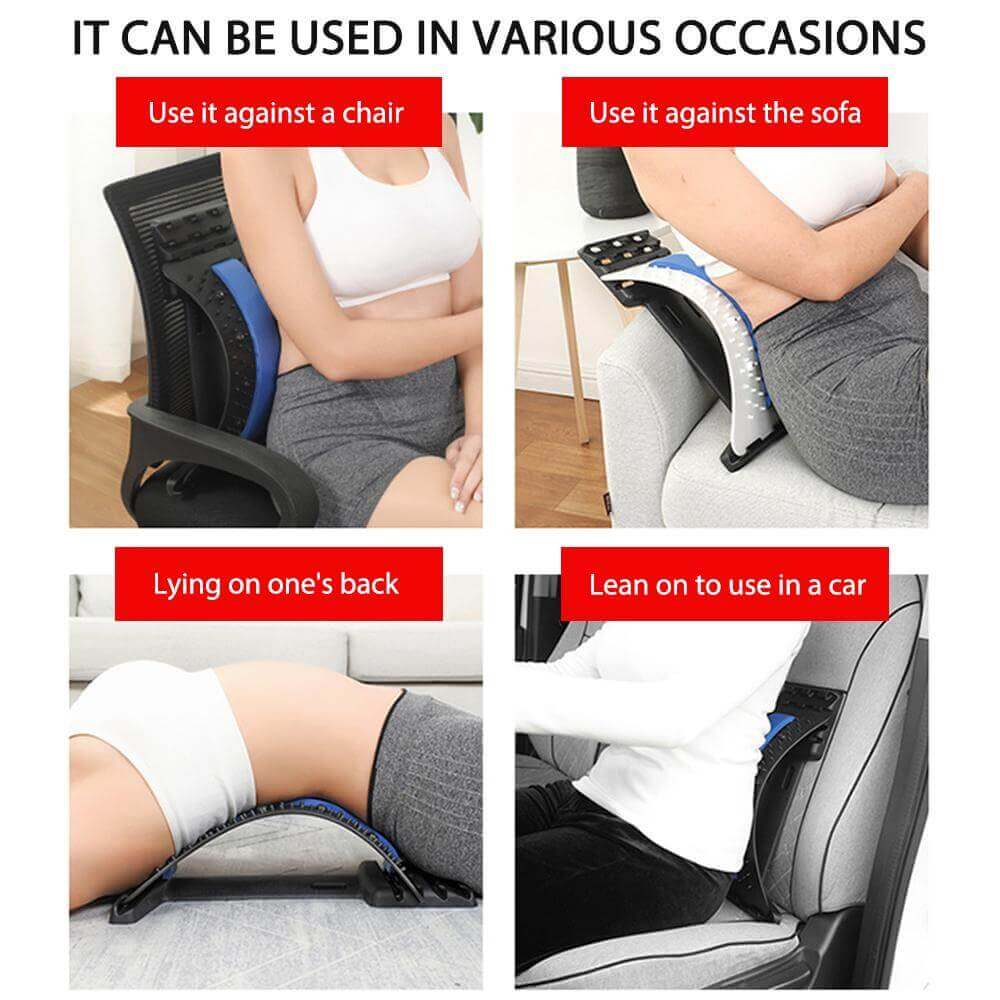 Back stretcher used in various positions: against a chair, sofa, lying down, and in a car.