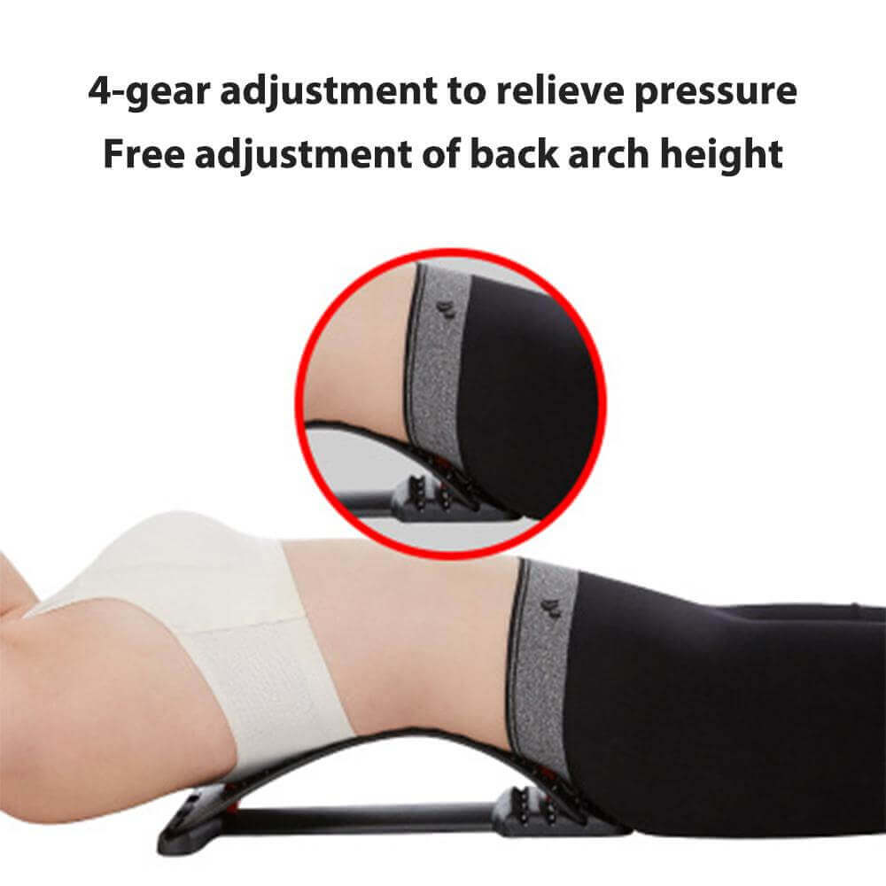 Person using back arch stretcher with 4-gear adjustment to relieve pressure, demonstrating free adjustment of back arch height.