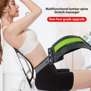 Woman using multifunctional lumbar spine stretch massager with new four grade upgrade for back pain relief and posture correction.