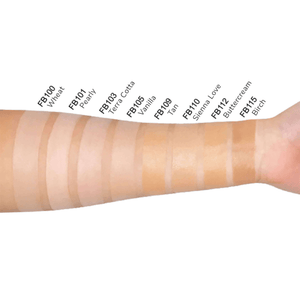 MIANIMED Premium skincare arm swatches showing different foundation shades ranging from FB100 Wheat to FB115 Birch.