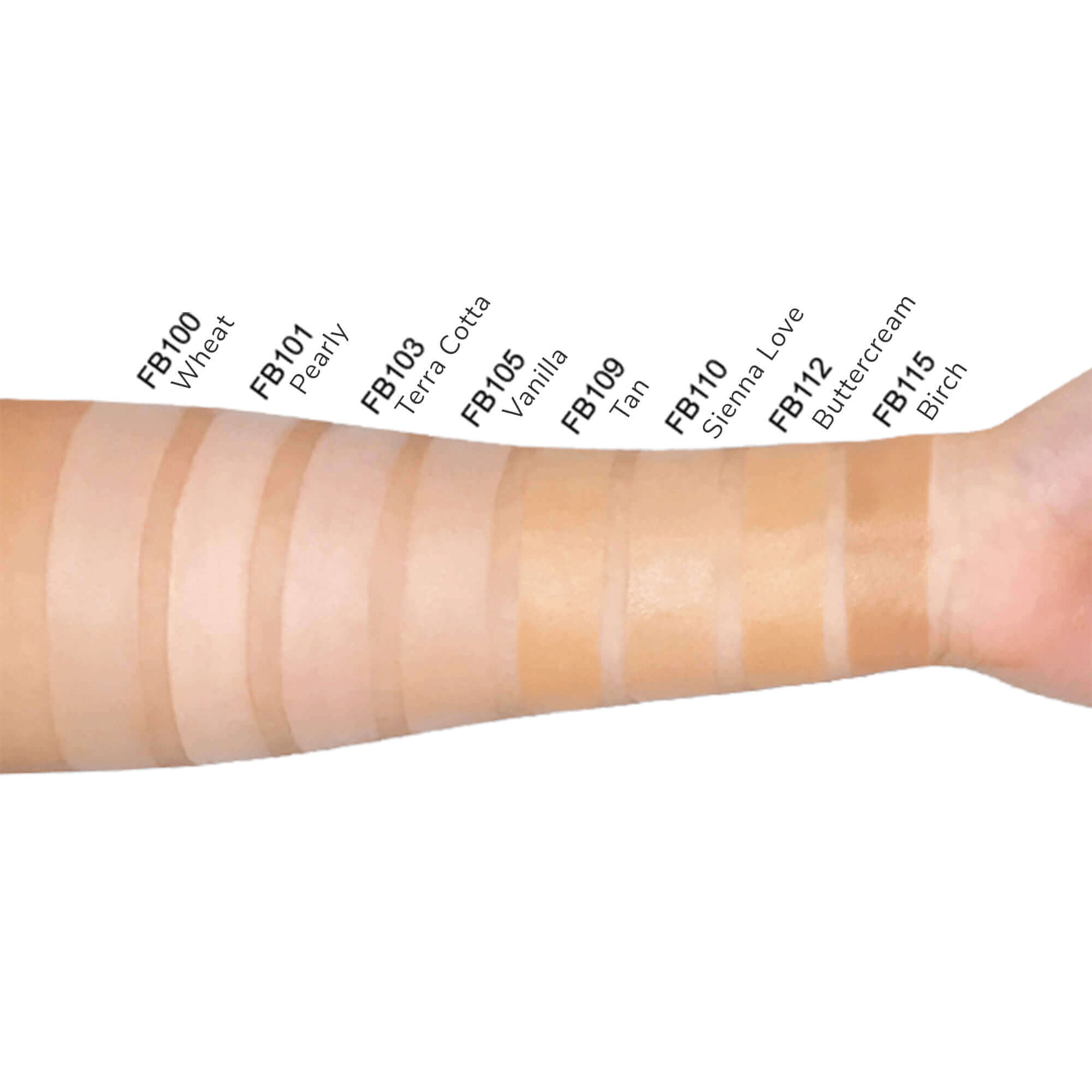 MIANIMED premium skincare foundation swatches on arm showing a range of shades from Wheat to Birch.