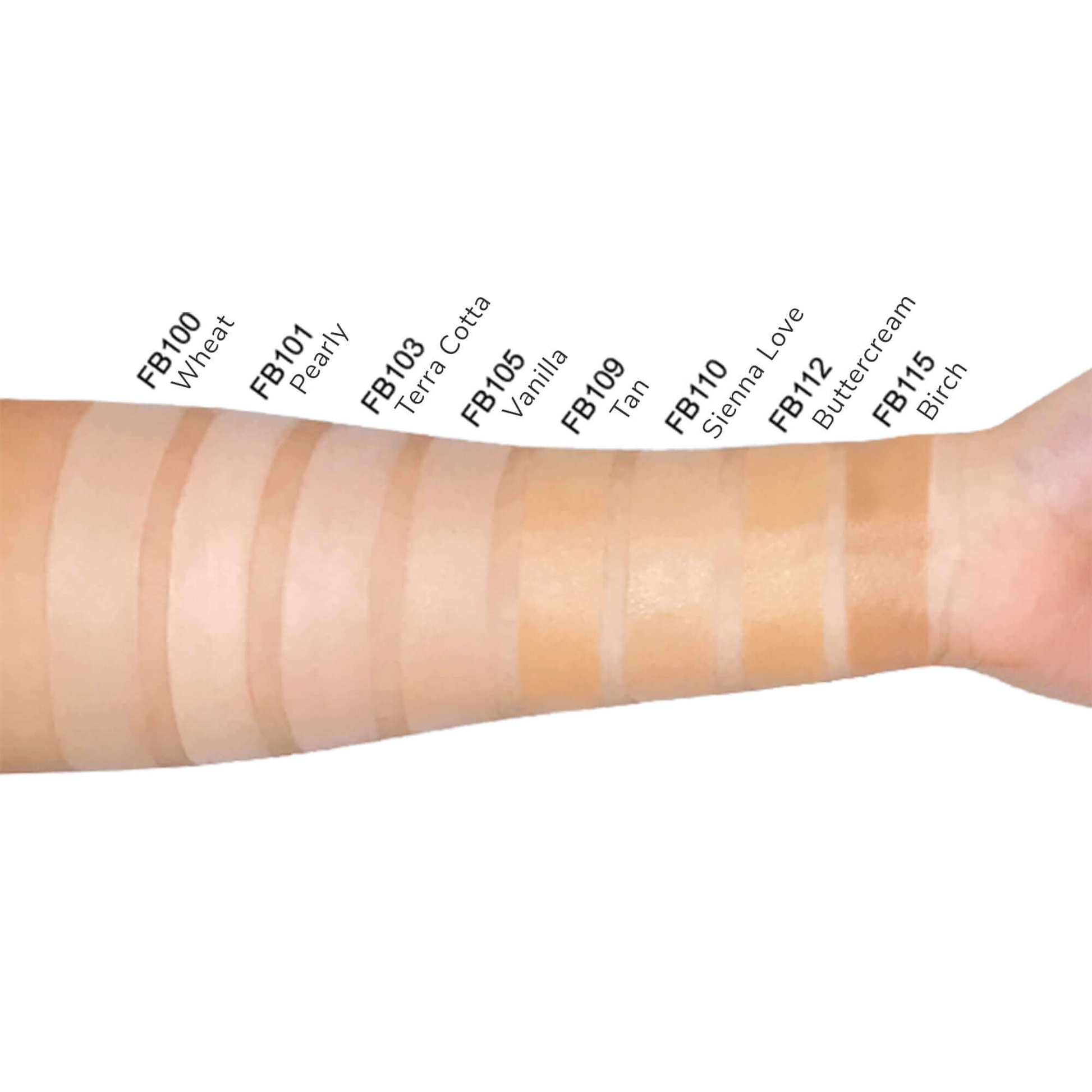 Arm showcasing various shades of MIANIMED premium skincare foundation, labeled from FB100 Wheat to FB115 Birch, to demonstrate color range.