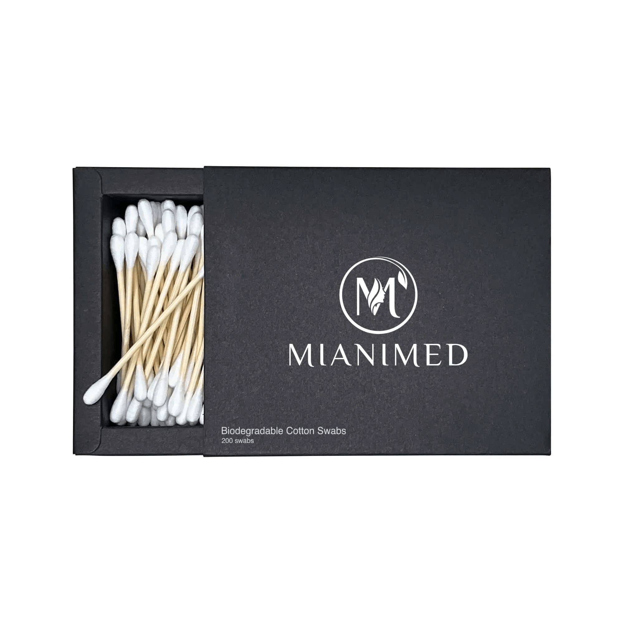 MIANIMED premium biodegradable cotton swabs, eco-friendly skincare product with sleek packaging for sustainable beauty routines.