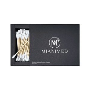 MIANIMED premium biodegradable cotton swabs, eco-friendly skincare product with sleek packaging for sustainable beauty routines.