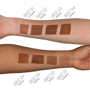 Two arms displaying different MIANIMED premium skincare shades in Caramel, Pecan, Mocha, and Tawny.