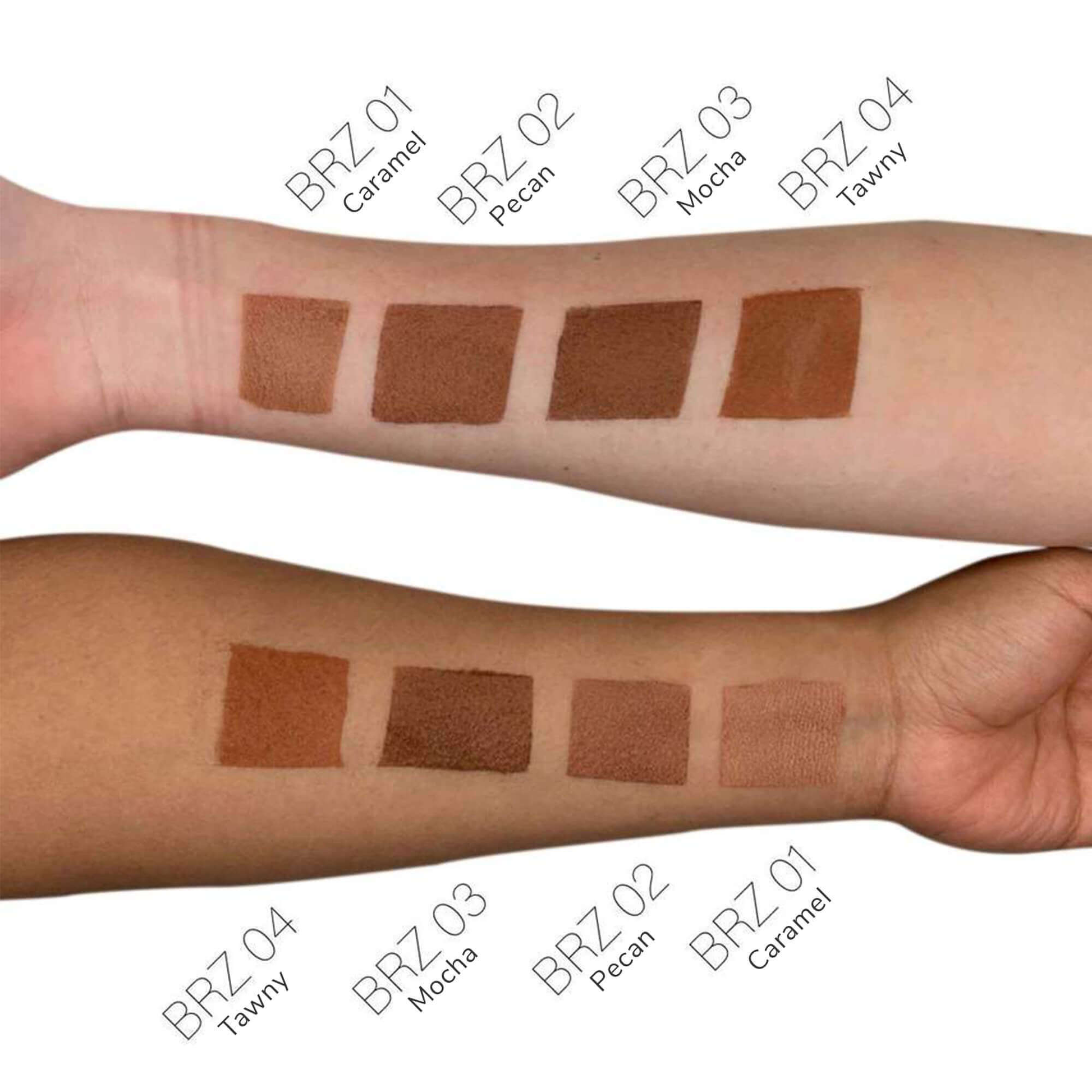 MIANIMED Premium skincare swatches in shades BRZ01 Caramel, BRZ02 Pecan, BRZ03 Mocha, and BRZ04 Tawny displayed on different skin tones.