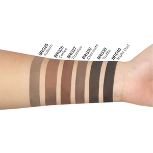 Arm displaying swatches of eyebrow pomades in shades: Auburn, Coffee, Tiramisu, Chocolate, Truffle, and Night Owl.