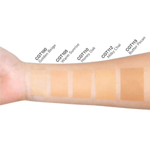 Arm displaying MIANIMED premium skincare foundation shades in Golden Beige, Warm Sunrise, Honey Oak, Milky Chai, and Butter Pecan.