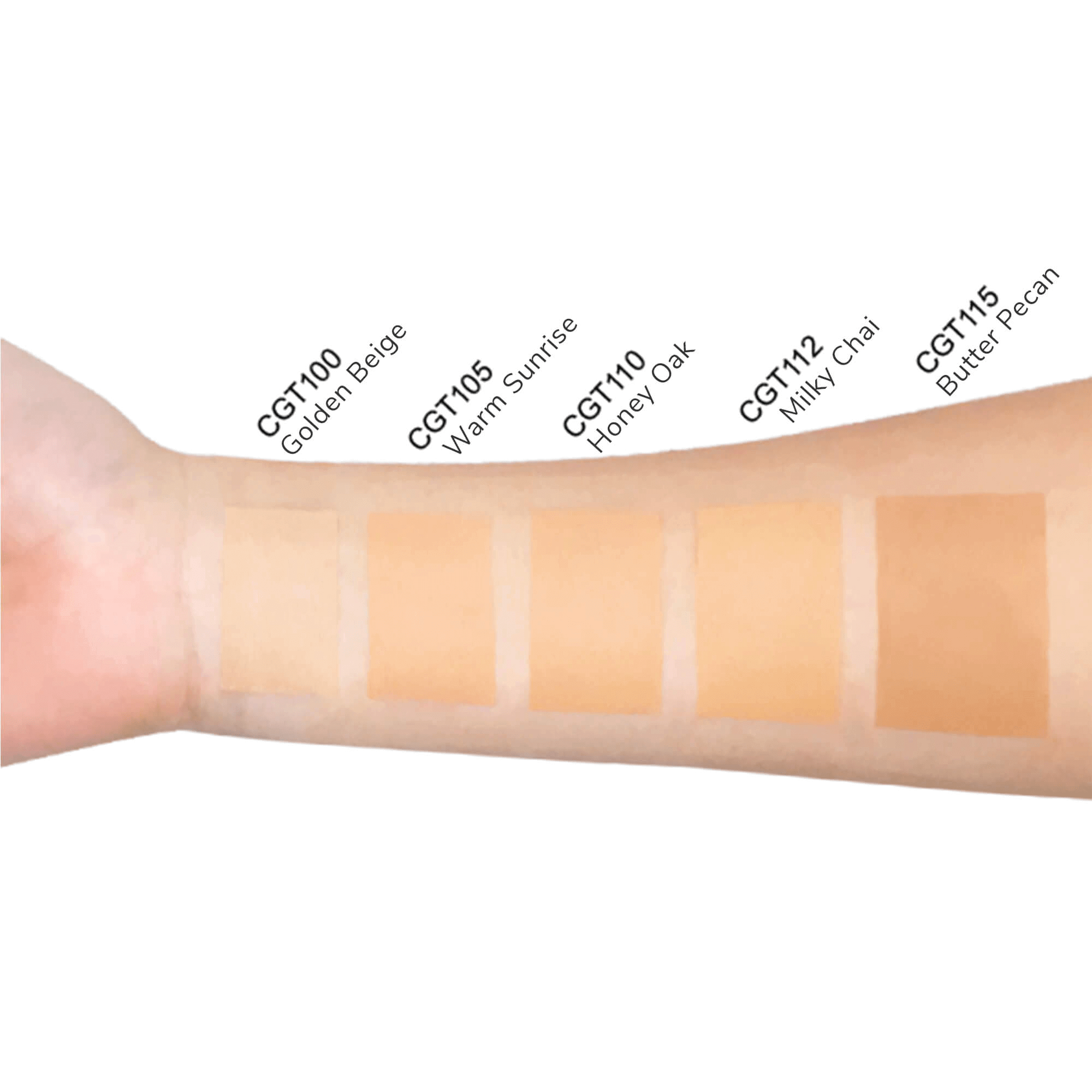 MIANIMED premium skincare foundation swatches on arm with shades from golden beige to butter pecan.