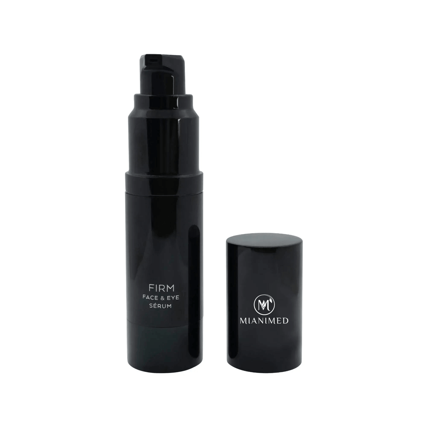 MIANIMED Premium Skincare Firm Face and Eye Serum in a sleek black pump bottle.