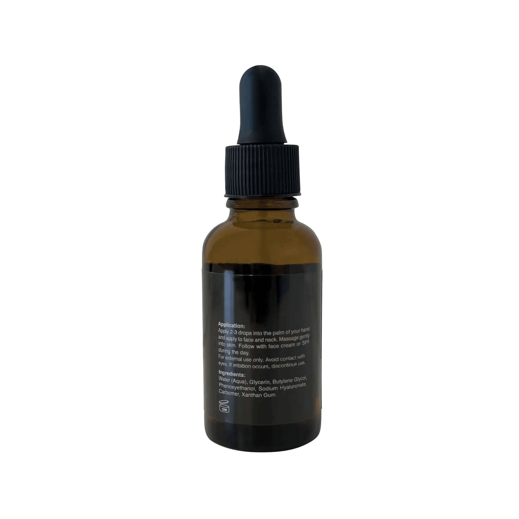 MIANIMED Premium skincare serum bottle with dropper, brown glass packaging, back view showing product instructions and ingredients