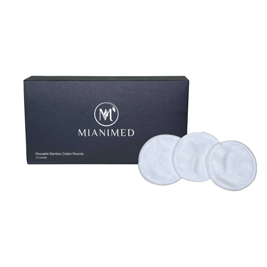 MIANIMED premium skincare reusable bamboo cotton rounds, 12 pack, with elegant black packaging and three white cotton rounds displayed.